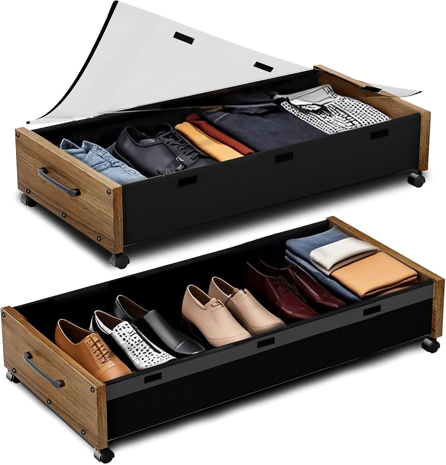 Under Bed Storage Containers with Wheels, Extra Large Wooden Underbed Shoes Organizer 2 Packs, Rolling Under the Bed Storage Drawers with Clear Lid, Heavy Duty Metal Frame for Clothes 36"L (Walnut)