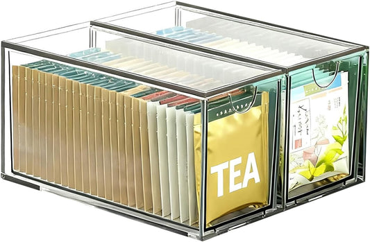2 Pack Stackable Tea Bag Storage Organizer Drawers – Clear Acrylic Tea Bag Holder for Cabinet, Drawer, Pantry, Countertop – Kitchen Tea Storage Container