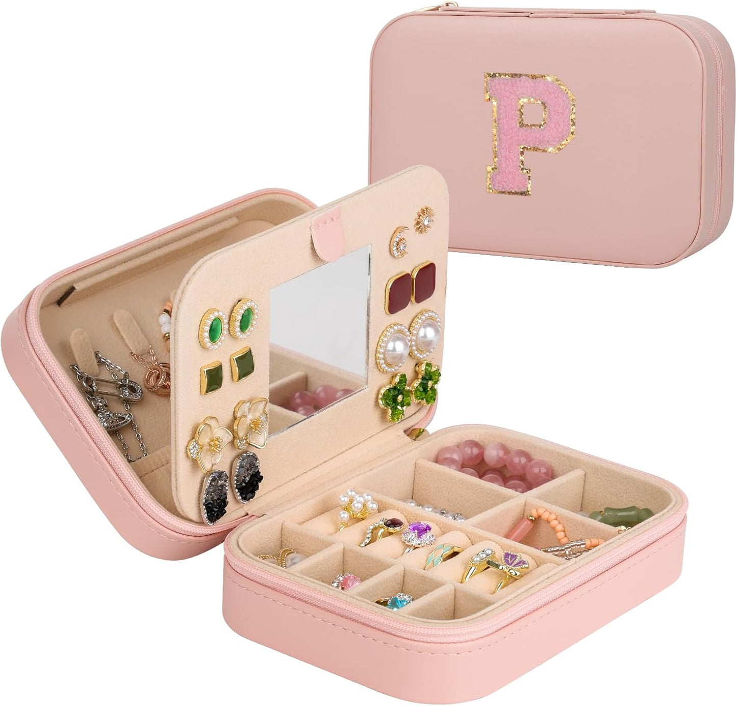 TopPerfekt Travel Jewelry Case, Jewelry Box with Mirror, Jewelry Organizer Bridal Shower Gifts to Her, Earring Storage Travel Case, Trendy Gift for Women and Girls, Girlfriend-Letter P, Pink