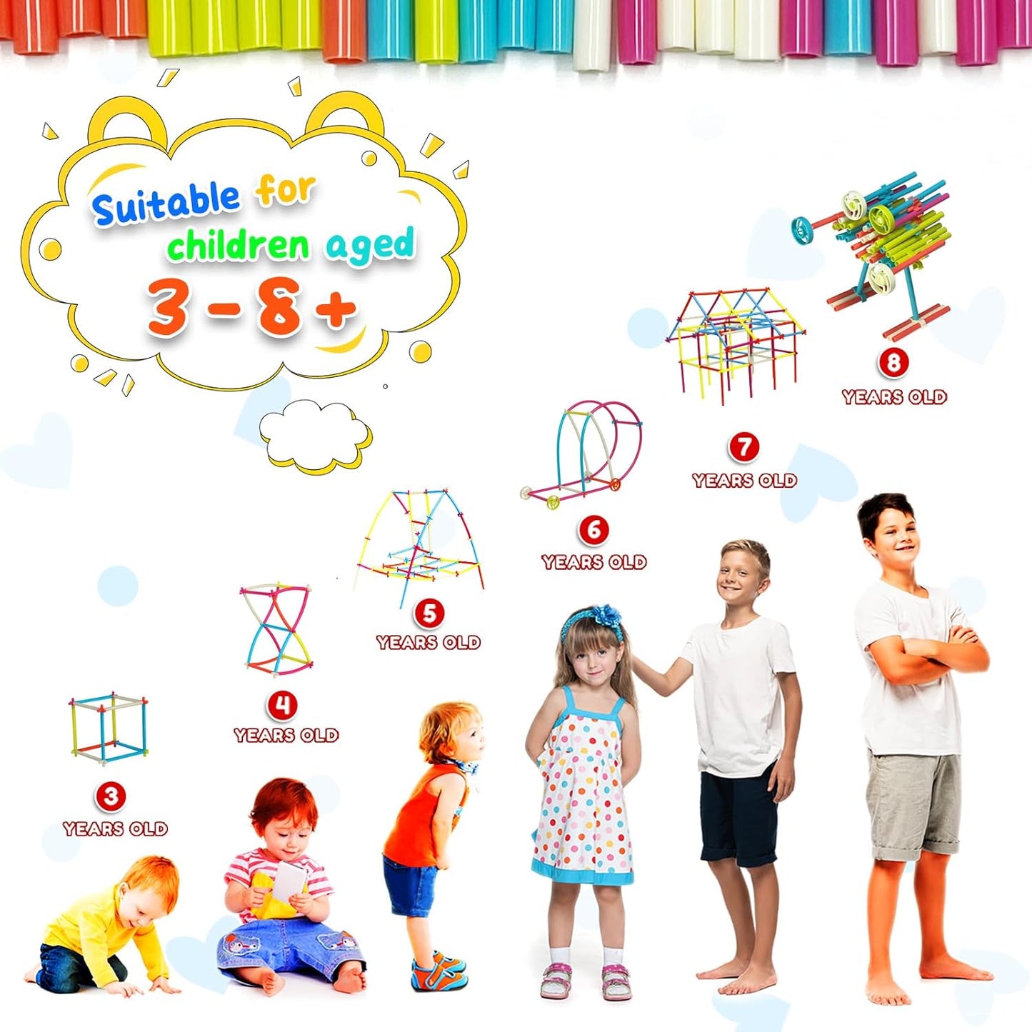 Ggiibro Straw Constructor STEM Building Toys Macaron 600Pcs Interlocking Gear Toy Sets for Kindergarten Classroom, Engineering Thin Tube Blocks for 3 4 5 6 7 Years Kids Toy for Boys and Girls Gift