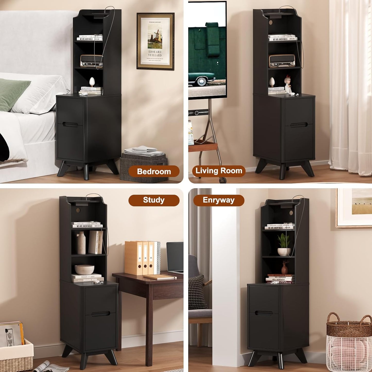 Tall Nightstand with Charging Station, Narrow Side Table with Bookshelf, 47" Tall Free Standing Wooden Night Stand with 2 Drawers and 4 Open-Shelves, Modern End Bedside Table for Bedroom, Black