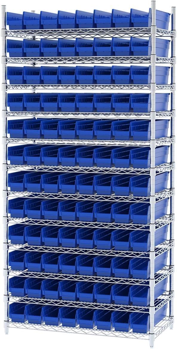 Akro-Mils 30128 Plastic Shelf Bins, Heavy Duty Storage Bins for Garage, Closet, and Drawer Organization, 18-Inch x 4-Inch x 4-Inch, Blue, 12-Pack