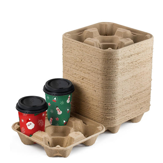 FMP Brands 4 Cup Disposable Drink Carrier Trays, 45 Pack Compostable Pulp Fiber Cup Holder for 8-32 oz Cup, Durable to Go Coffee Cup Holders for Delivery Service, Uber Eats