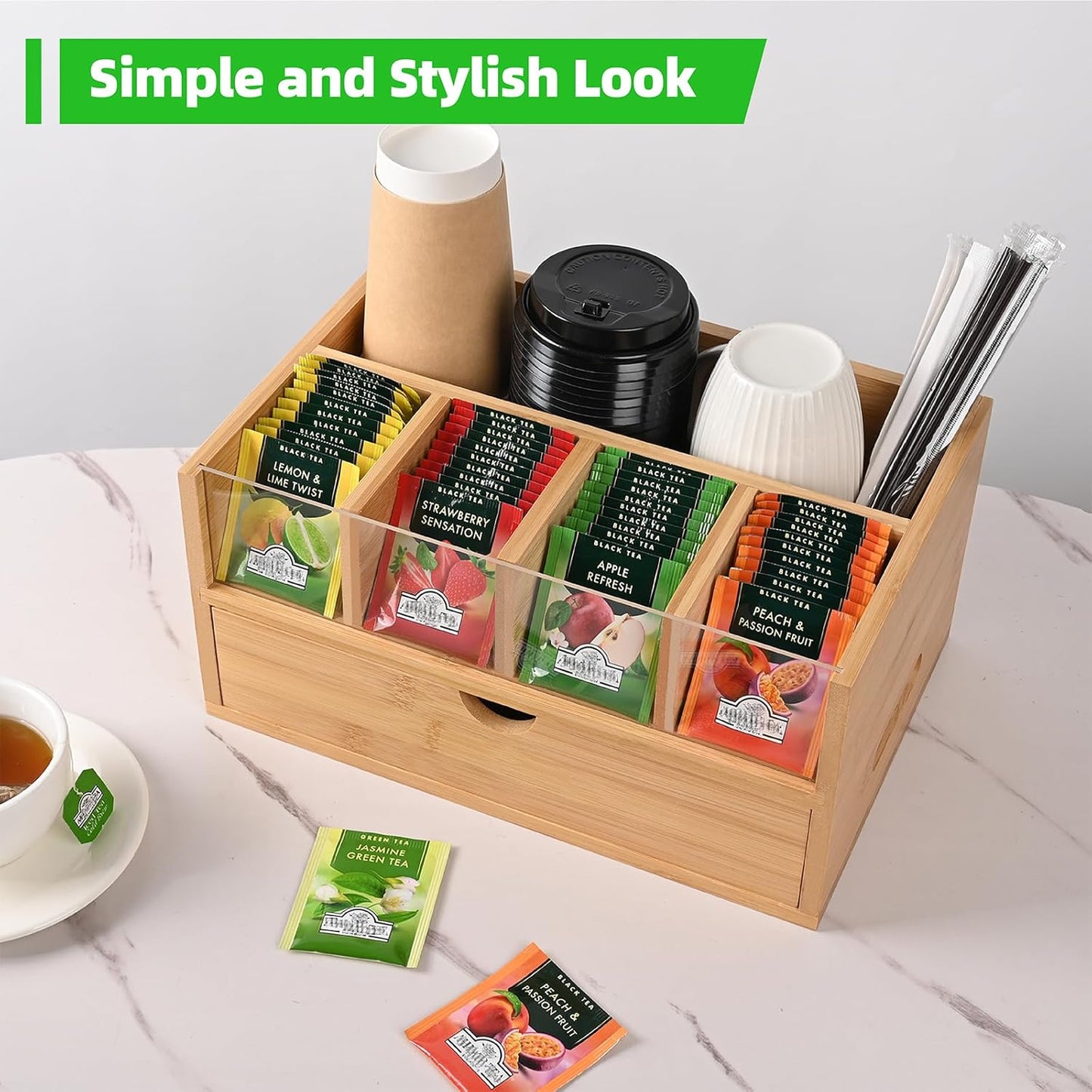 Tea Bag Organizer, Bamboo Tea Organizers and Storage, Tea Box Organizer Storage Box with Drawer, Portable Tea Bag Holder Organizer, Tea Storage Organizer for Countertop, Pantry, Kitchen