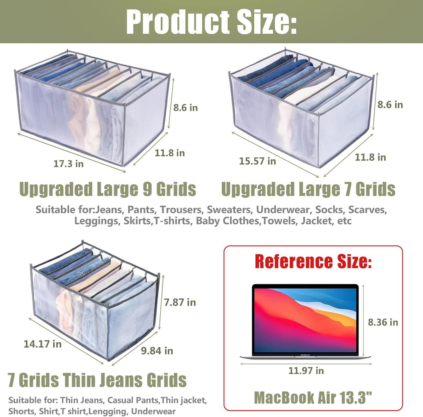 TOOVREN Upgraded Wardrobe Clothes Organizer 2PCS, Drawer Dividers for Clothes, Drawer Organizers for Clothing, Mesh Wardrobe Organizer for Jeans Pants Sweaters T-Shirts Underwear (Gray, Large 9 Grids)