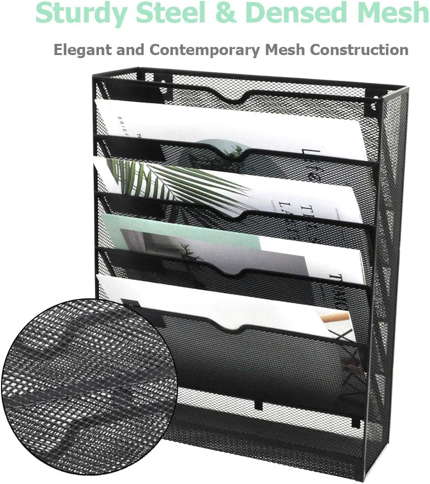 EASEPRES Desk File Organizer Mesh 6-Tier, Hanging Wall Mount Document Organization Stand, Desktop Vertical Mail Paper Folder Holder Rack with Bottom Tray for Office Home Cubicle, Sides Closed, Black