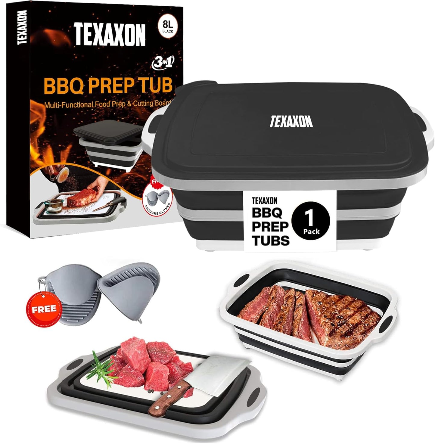 8L/16L BBQ Prep Tub with Cutting Board, Lid & Complimentary Mitts/Gloves – Collapsible Bucket for BBQ, Marinade, Picnic, Camping, Meat Prep – Orange/Black (Black, X-Large)