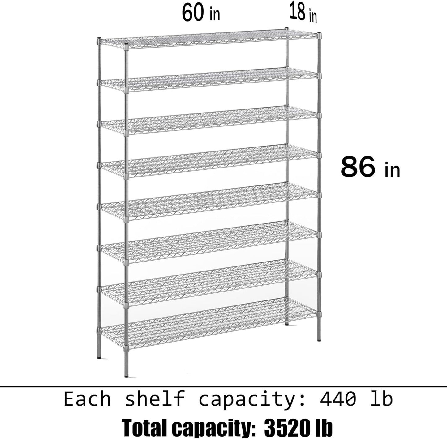 18" Deep x 60" Wide x 86" Height Wire Shelving Kit | 8-Tier | NSF Commercial Storage Rack Unit