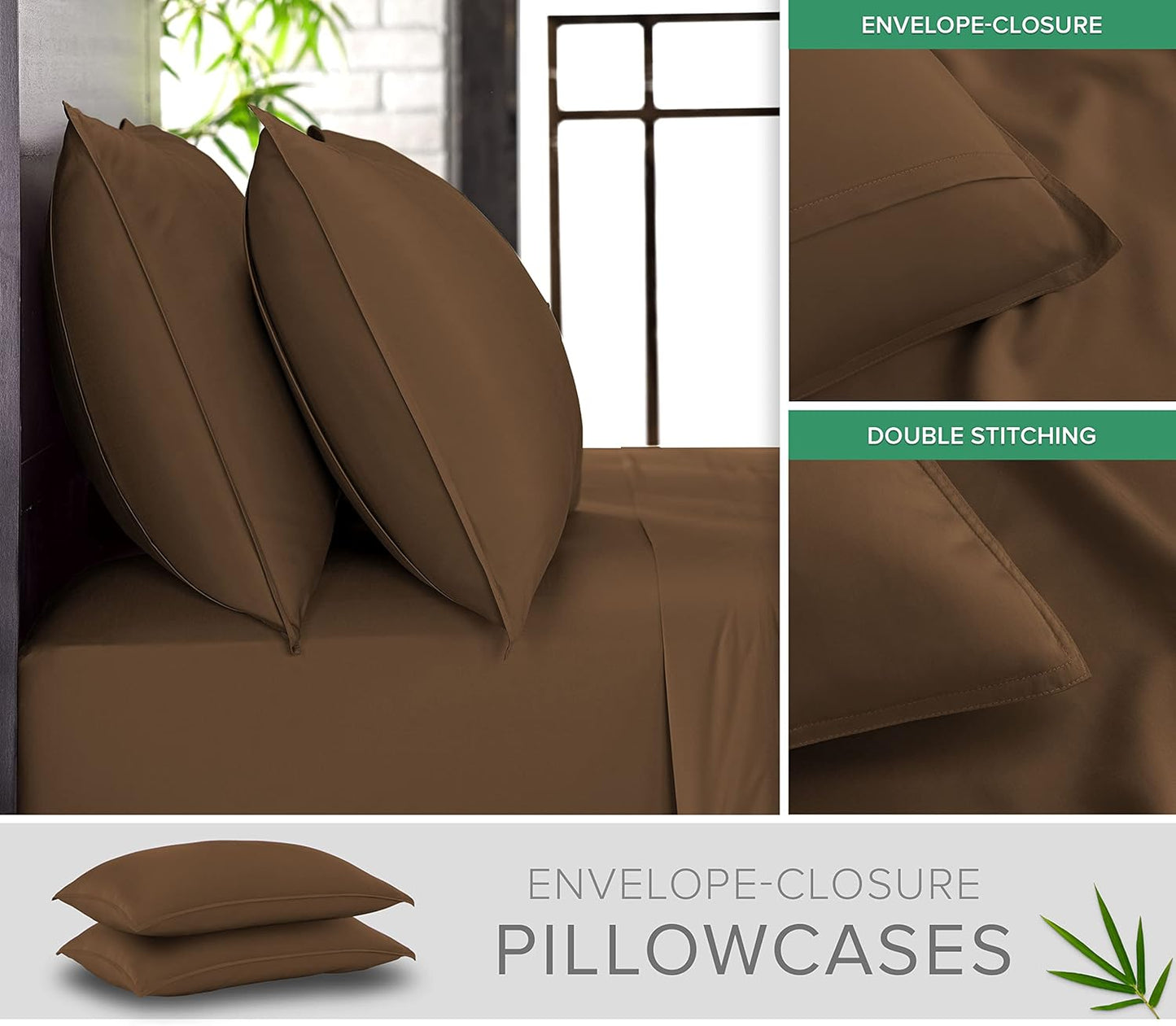 Queen Pillowcases by Pure Bamboo, Genuine 100% Organic Viscose Derived from Bamboo, Luxuriously Soft & Cooling, Double Stitching, Envelope Closure (2 Queen Pillowcases, Coconut Husk)
