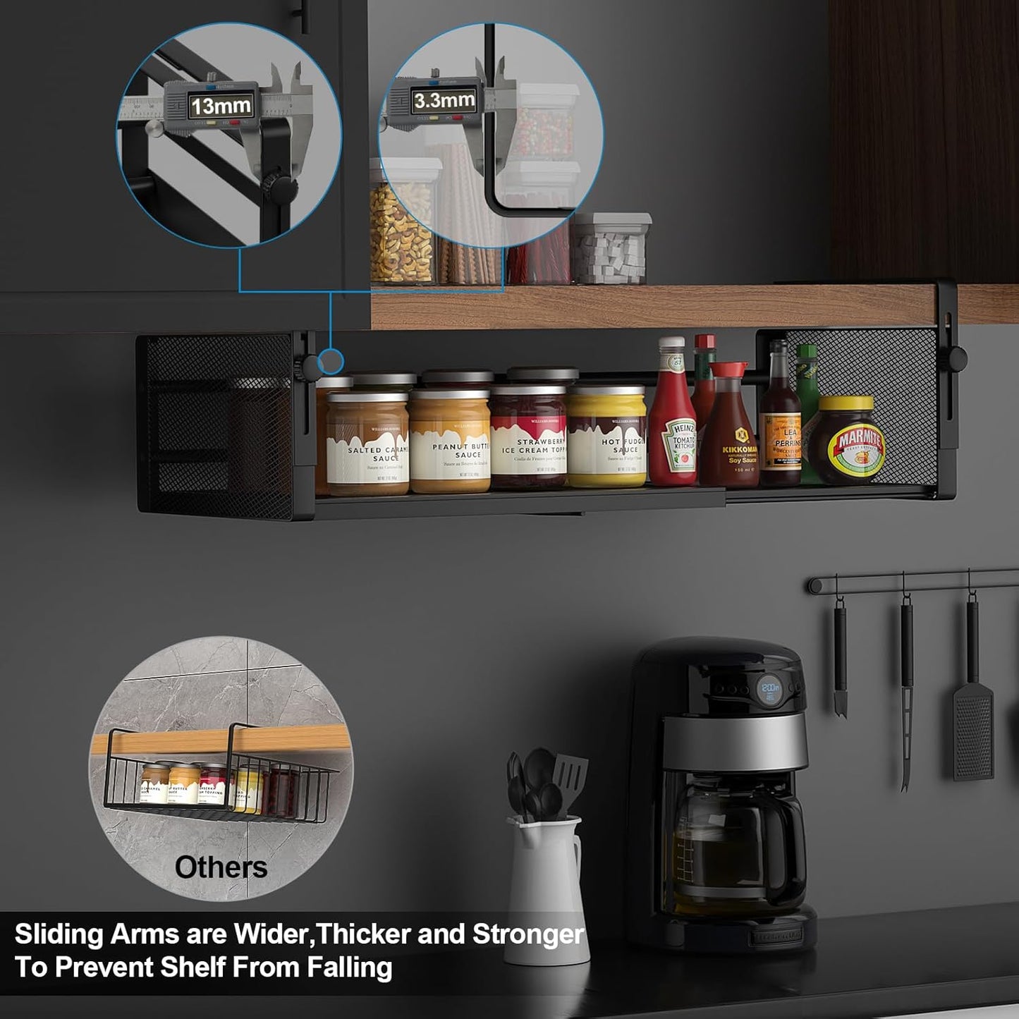 2Pack Under Shelf Basket, Adjustable Hanging Under Cabinet Shelf Storage, Hanging Holder Length Stretchable 14.9-22.6Inch for Kitchen Pantry Desk Counter Bookshelf Cupboard (Black)