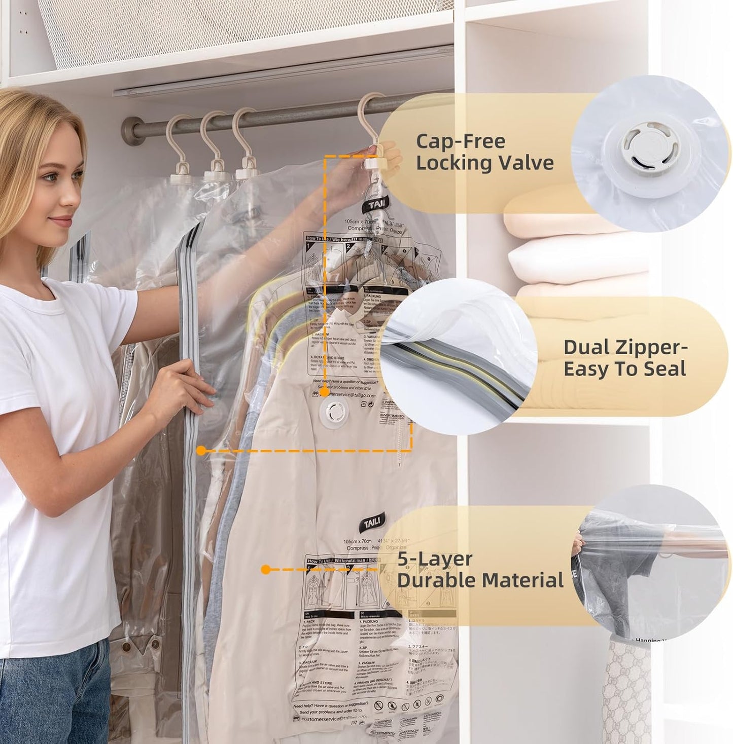 TAILI Hanging Vacuum Sealer Storage Space Saver Bags for Clothes, Suits, Coats or Jackets, 4 Pack Jumbo 53x27.6 Inches, Clear