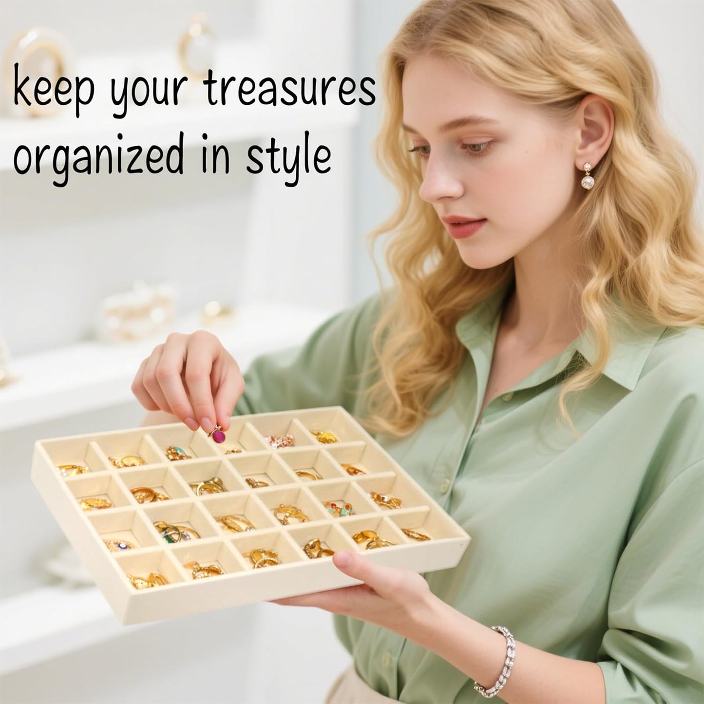 8 Pack Velvet Jewelry Trays X-Large Stackable Jewelry Drawer Organizer Tray 8-Layer Jewellry Tray Set for Earrings, Necklaces, Rings,Bracelets with Removable Dividers for Dresser & Vanity