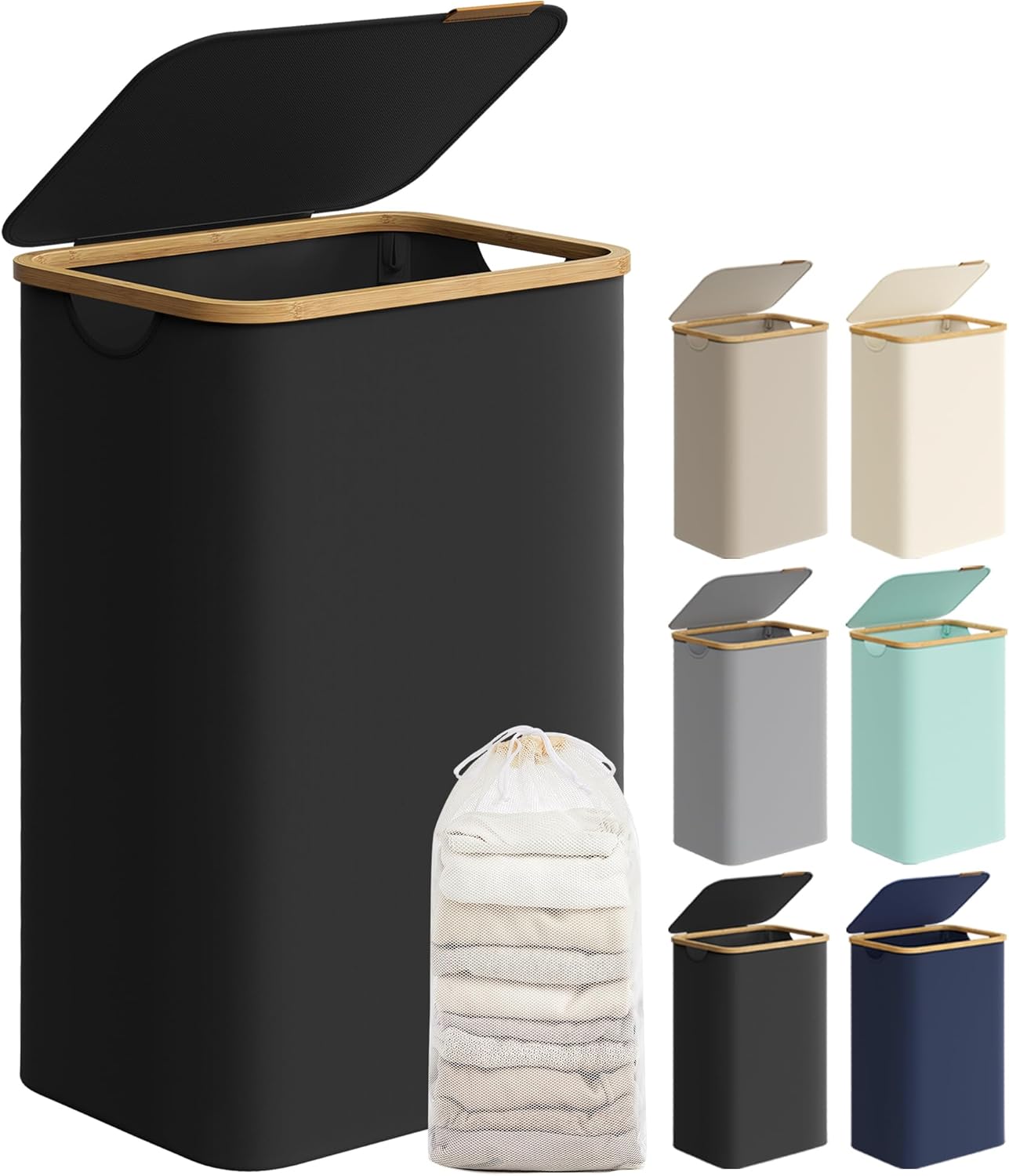 SONGMICS Laundry Hamper with Lid, Large Laundry Basket, 23.8 Gallons (90L), Removable Mesh Liner, Bamboo Handles, Collapsible, 16.5 x 12.6 x 27.8 Inches, Ink Black ULCB509B01