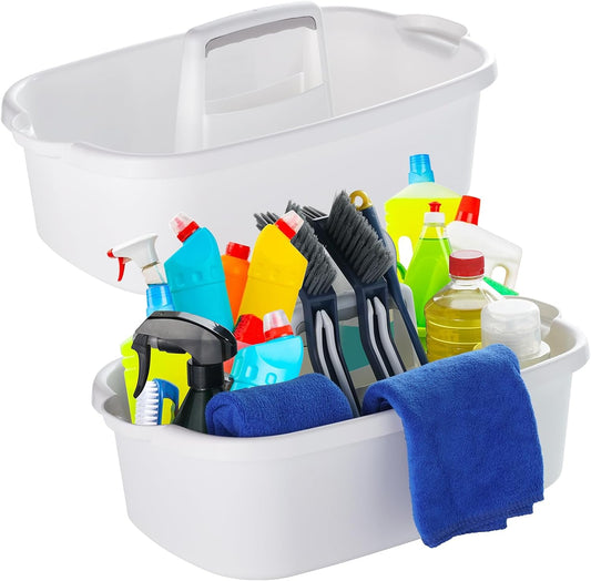 2-Pack Large White Cleaning Caddy for Cleaning Supplies with Handle - Portable Plastic Tote Organizer for Shower, Bathroom, Kitchen, Under Sink Storage