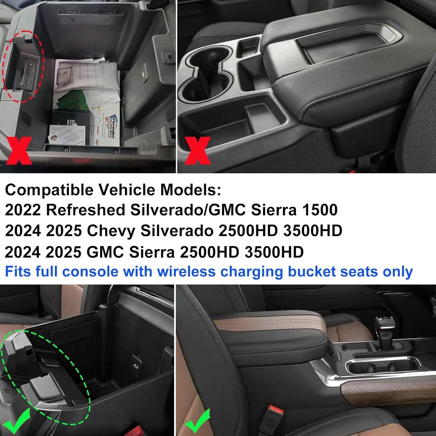 Center Console Tray for 2022-2024 2025 Chevy Silverado/GMC Sierra 1500 and 2024 2025 Silverado/Sierra 2500/3500HD Accessories, Armrest Box Storage Organizer (Fits Bucket Seat Console Only)