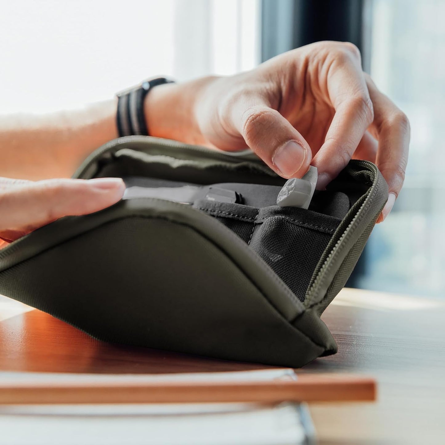 Olive Expandable Desk Storage Pouch – Fold-Down Access Panel, Pen Loop, Recycled Water-Resistant Material – Self-Standing Organizer for Office, Travel, Tech Gear