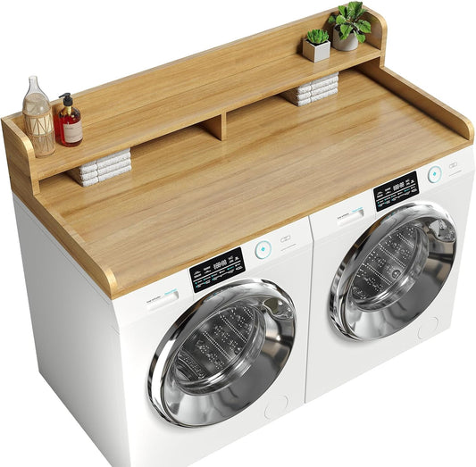 2-Tier Washer Dryer Countertop with 2.75" H Edge Rails, 58" W x 28" D Laundry Countertop for Folding Clothes, Washer and Dryer Topper with Non-Slip Pad (Pure Wood Color)
