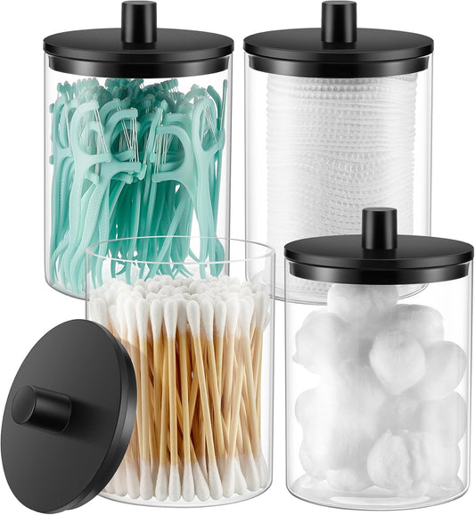 TIPGO Glass Qtip Holder Dispenser - 10 oz Clear Canister Apothecary Jar, Bathroom Vanity Storage Organizer Set for Cotton Swabs, Pads, Floss Picks, Small Containers for Makeup Storage (4 Pack, Black)