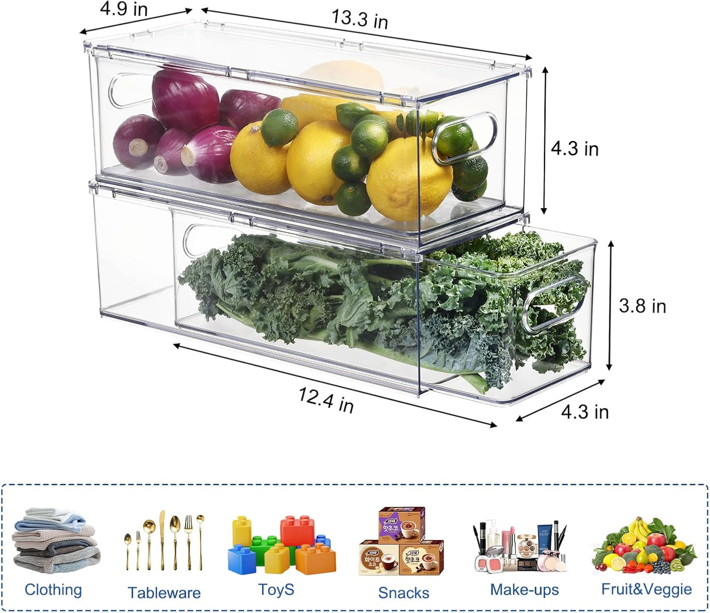 Fridge Drawer Pull Out Stackable Bins, Clear Refrigerator Stackable Organizers, Fridge Organizer Storage for Kitchen, Pantry, Vegetables, Fruits (2 Small)