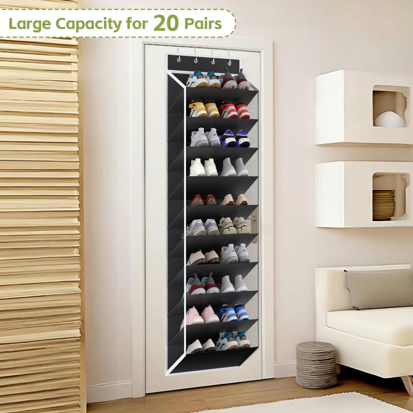 KEEPJOY 10 Tiers Mesh Over Door Shoe Organizer Storage, Hanging Shoe Holder for Door with Large Deep Pockets, Fit 20-30 Pairs Shoe Rack for Sneakers, Boots.(Black)