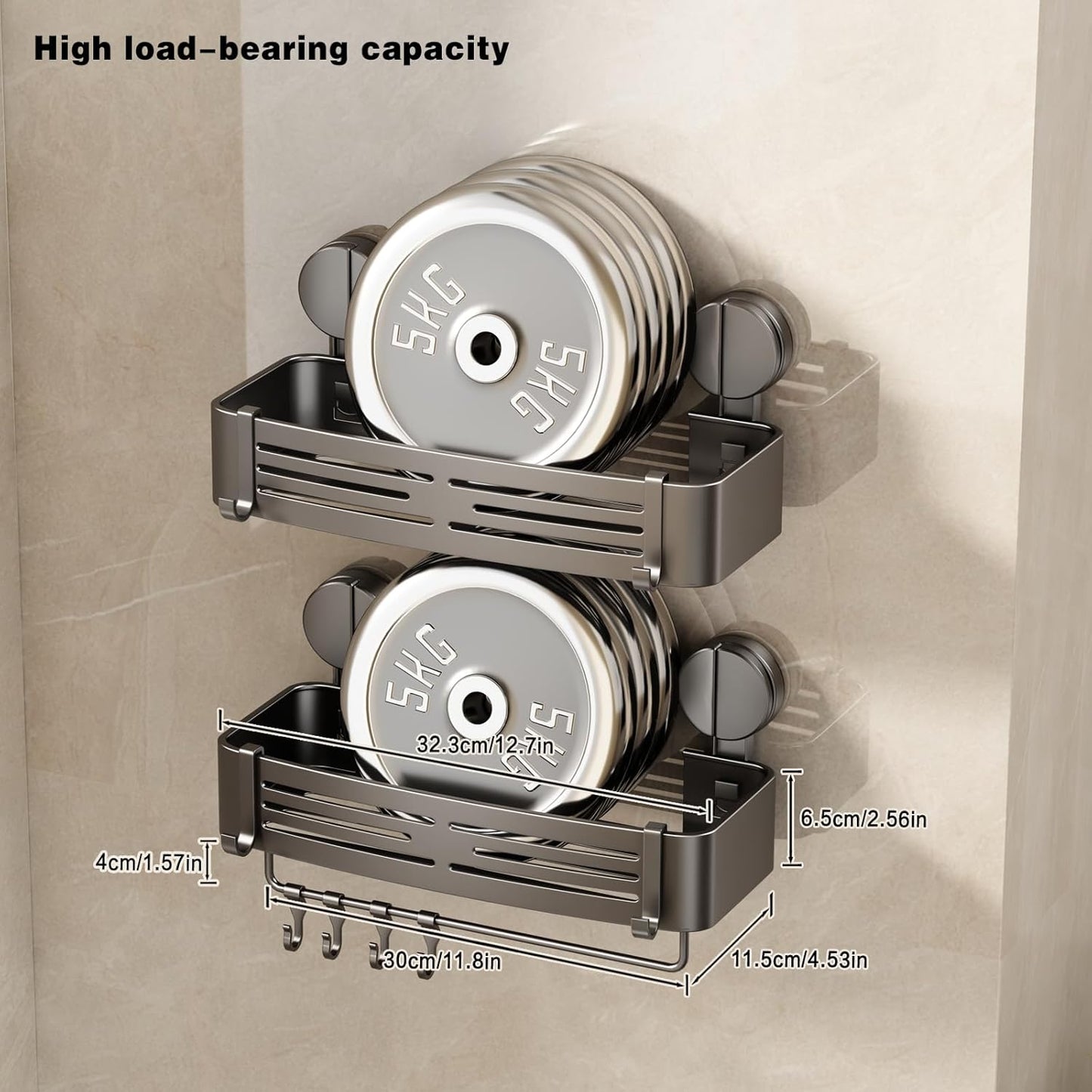 VOLPONE Shower Caddy Suction Cup No Drilling Suction Cup Shower Shelf Heavy Duty Bathroom Shower Organizer Storage Rack Adhesive with Towel Bar Hooks (3-Pack, Matte Gray)
