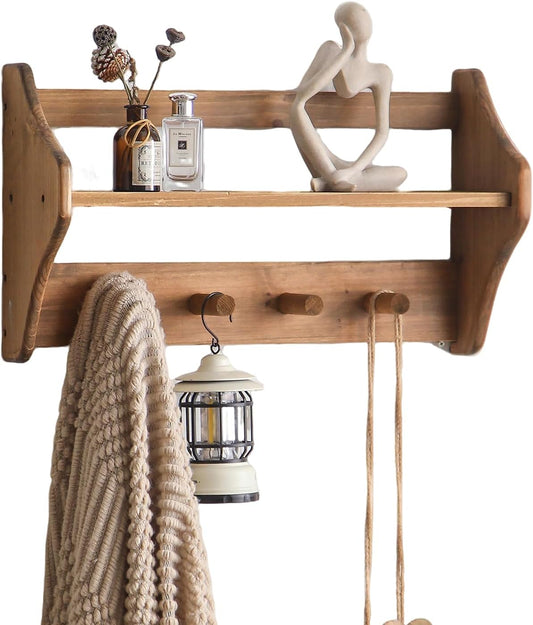 100% Solid Wood Wall Hooks with Shelf, Rustic Coat Rack with Shelf Wall-Mounted, Farmhouse Decor Shelves with 4 Hooks for Clothes Hats Towel Purse Robes, Bathroom Mudroom Bedroom, Entryway