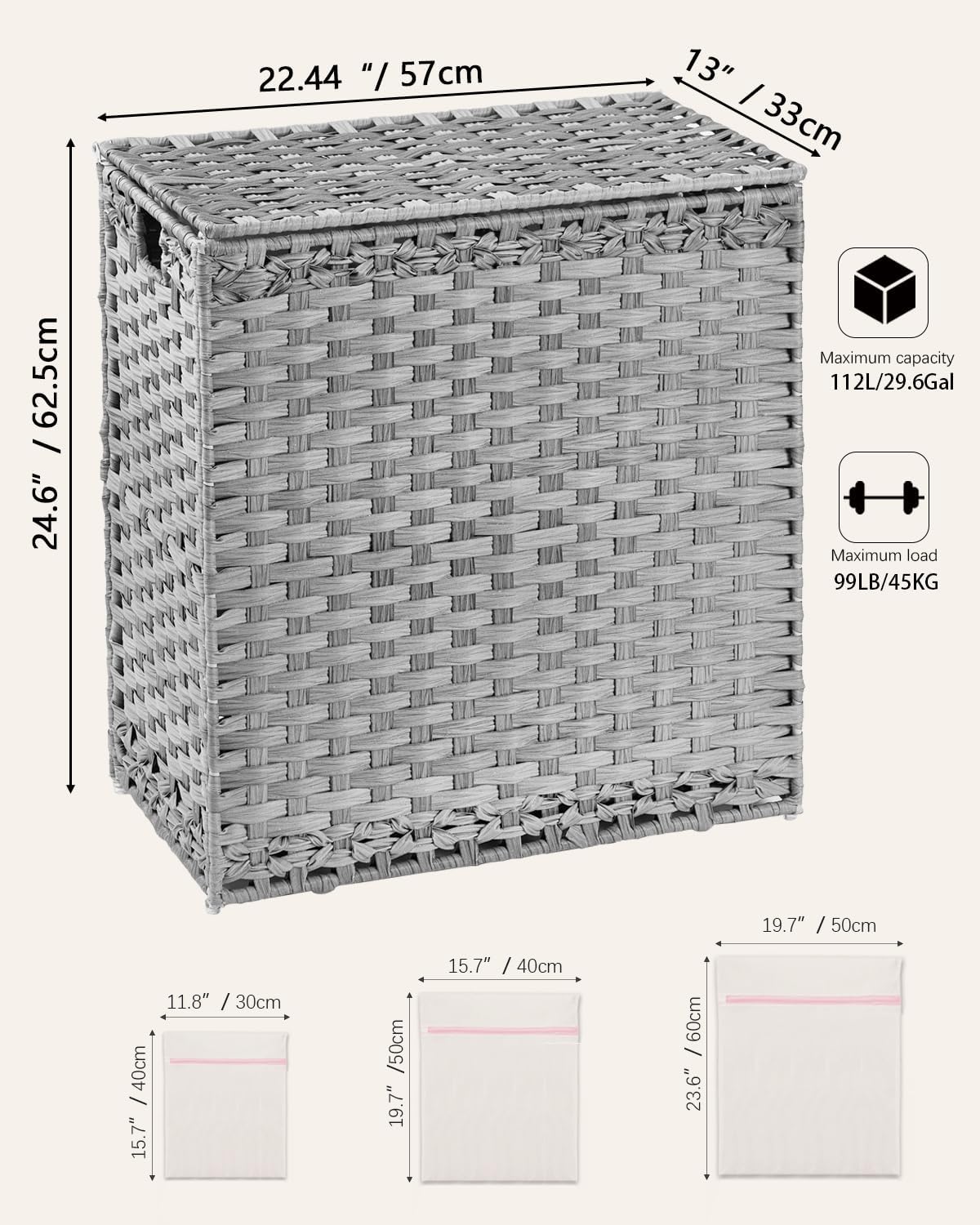 Laundry Hamper with Lid Wicker Laundry Basket 112 L (29.6 Gal) Laundry Hampers Handwoven Rattan Clothes Hamper with Handles 3 Removable Liner Bag, 6 Mesh Bags for Bathroom Bedroom Gray