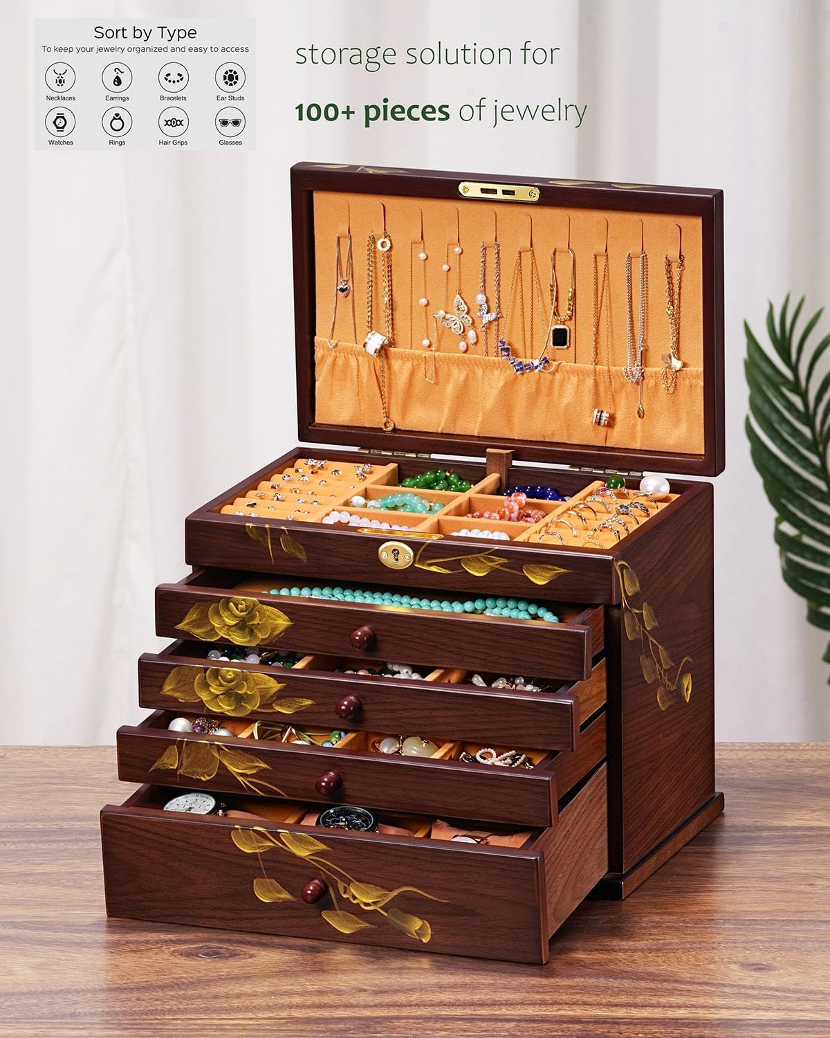 Hand-drawn rose Jewelry Box Wood for Wowen,6-Layer Wooden Jewelry Organizer Boxes with 4 Drawers dresser, Vintage Multi-functional Jewelry Storage Case with lock