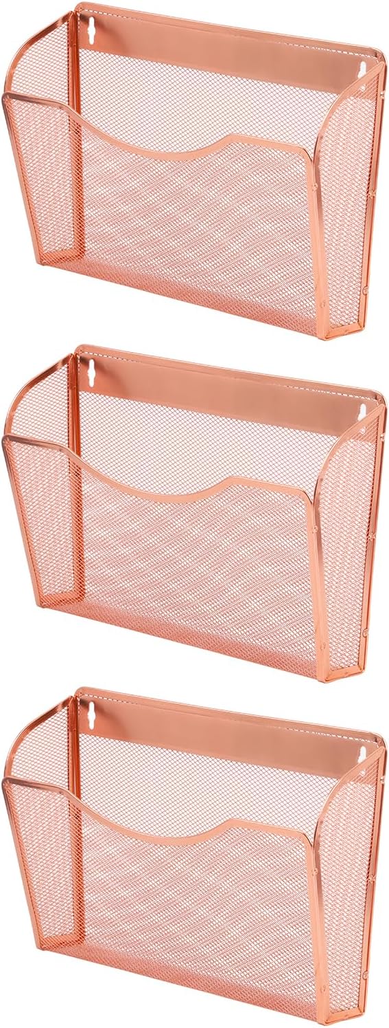 EASEPRES 3 Single Pocket Mesh Hanging File Organizer, Vertical Wall Mounted Magazine File Holder, Mount Basket Mail Paper Document Folder Organizing for Office, Home and School, Rose Gold