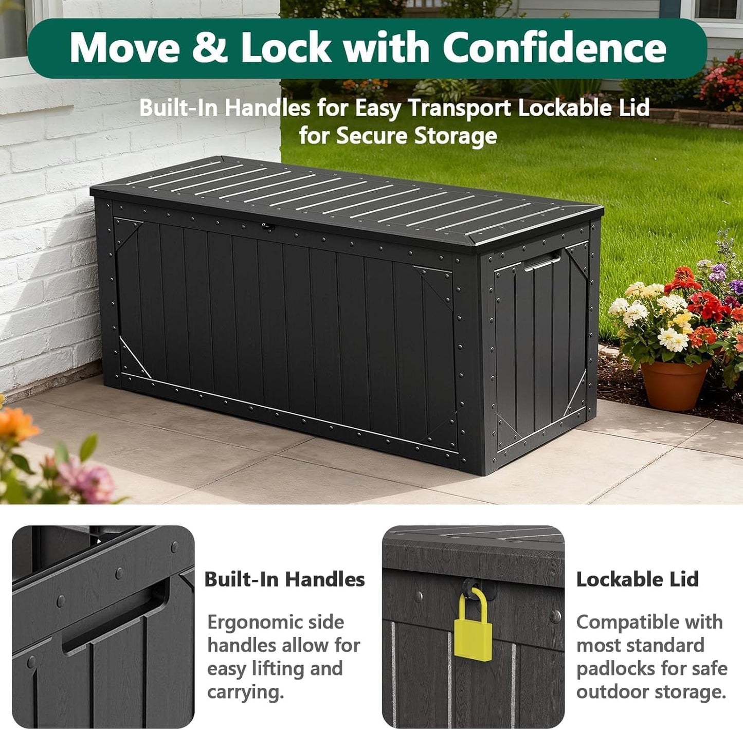 100 Gallon Outdoor Storage Box, Weatherproof Deck Box for Patio Cushions, Throw Pillows, Garden Tools, Lockable Resin Large Outdoor Storage Bench for Yard, Porch, or Balcony