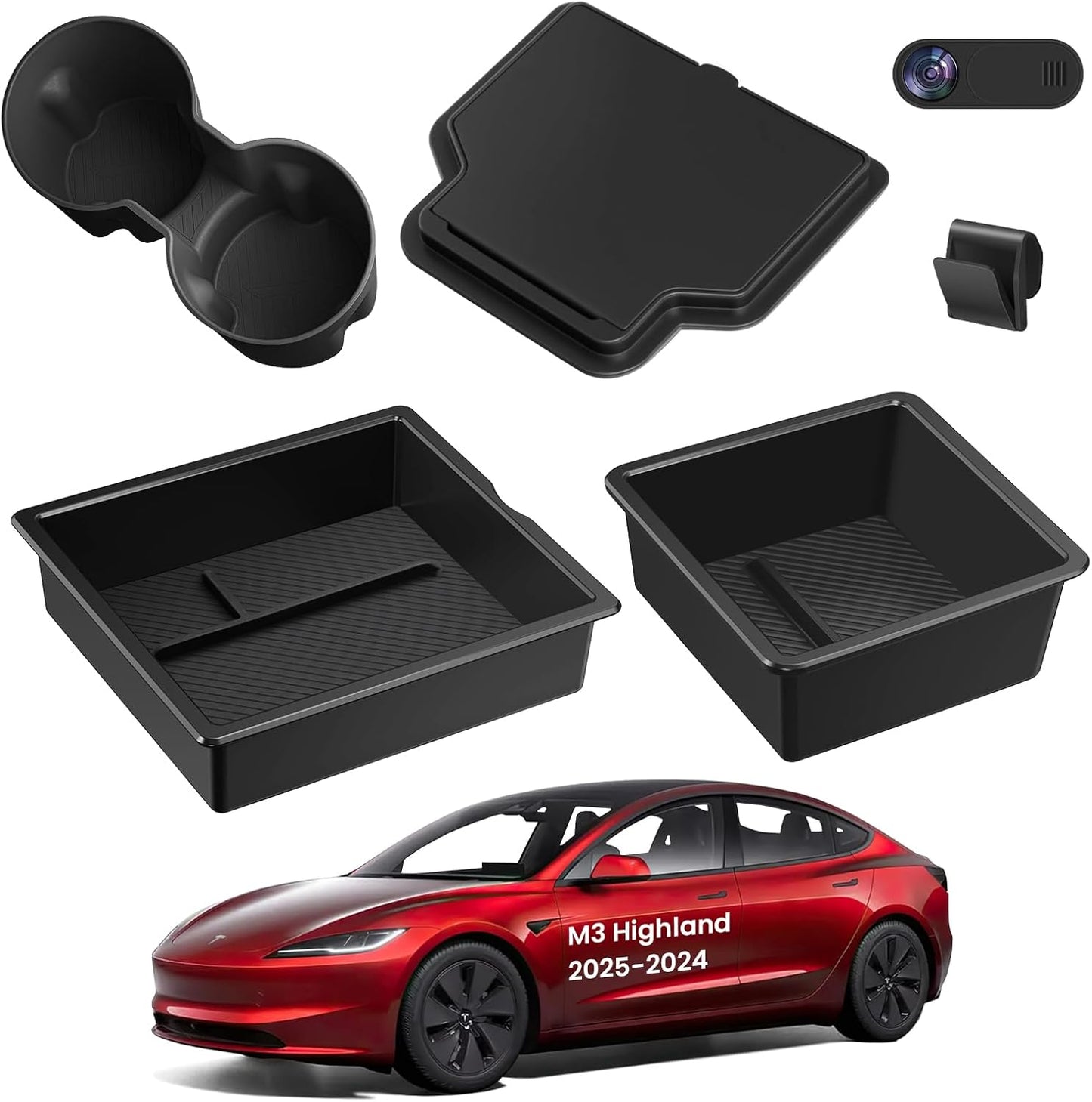 6PCS Center Console Organizer Tray for Tesla Model 3 Highland 2024 2025 Car Accessories with Armrest Storage Tray, Hidden Storage Box, Cup Holder Insert, Camera Privacy Cover, Glove Box Hook
