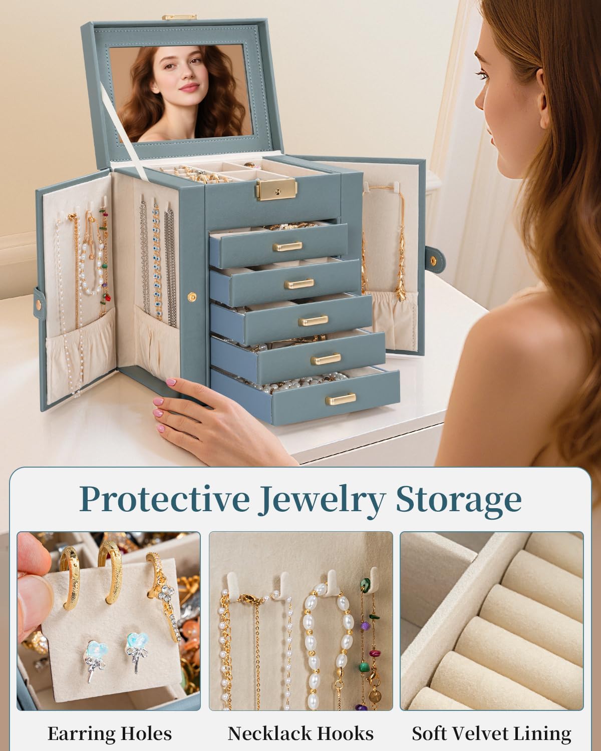 TORIBIO Large Jewelry Box for Women, Leather Jewelry Organizer with Mirror & Lock, 6-Tier Jewelry Storage Case for Girls/Women/Mothers, Necklace Earring Bracelets Holder Organizer, Grey Blue