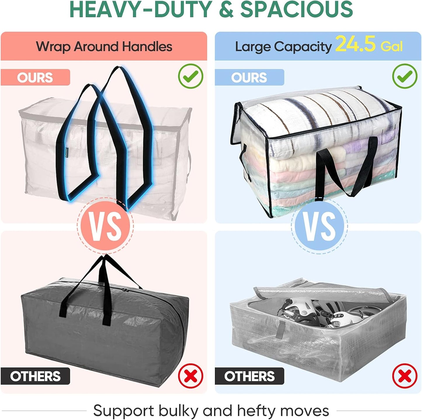 BALEINE 8-Pack Oversized Moving Bags with Reinforced Handles, Heavy-Duty Storage Tote for Clothes, Moving Supplies (Clear, 8-Pack)