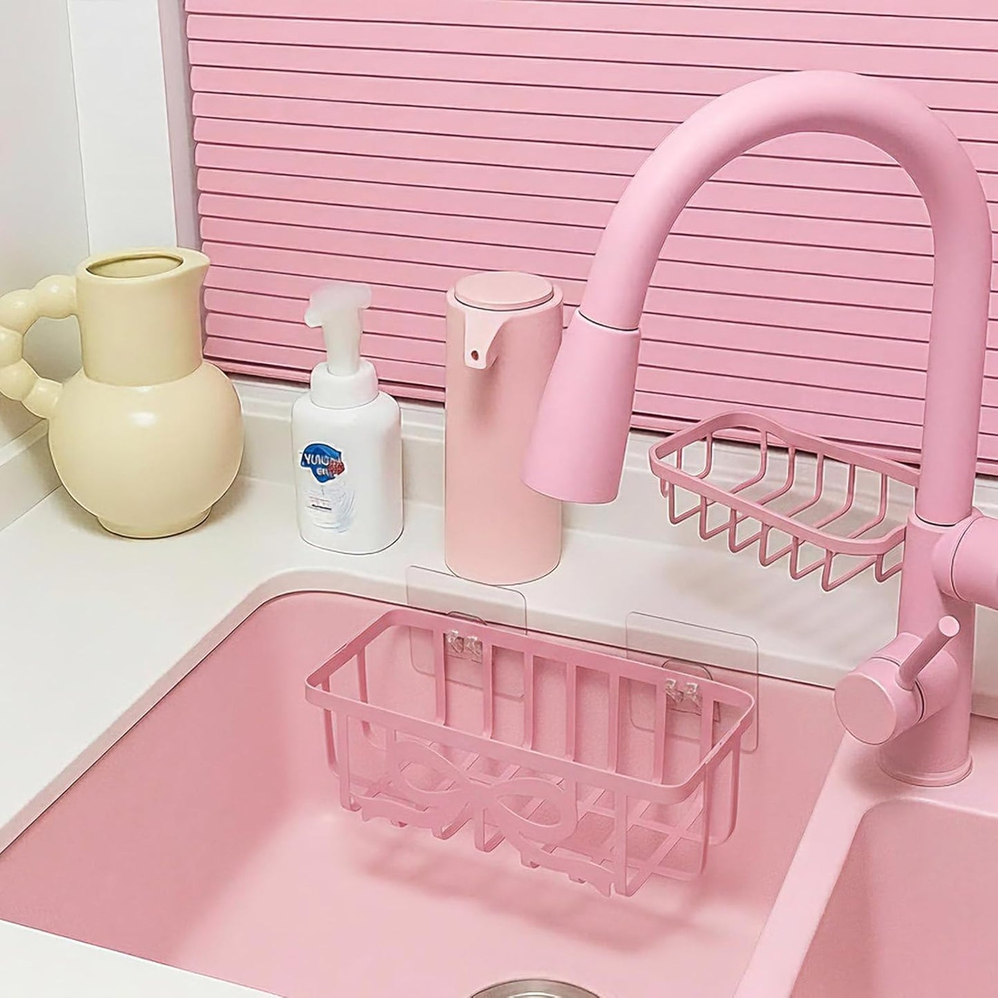 Pink Bow Sponge Holder for Kitchen Sink with Adhesive Mount Cute Bow Metal Sink Decorative In-sink Sponge Holder Organizer Coquette Preppy Pink Kitchen Decor Accessories