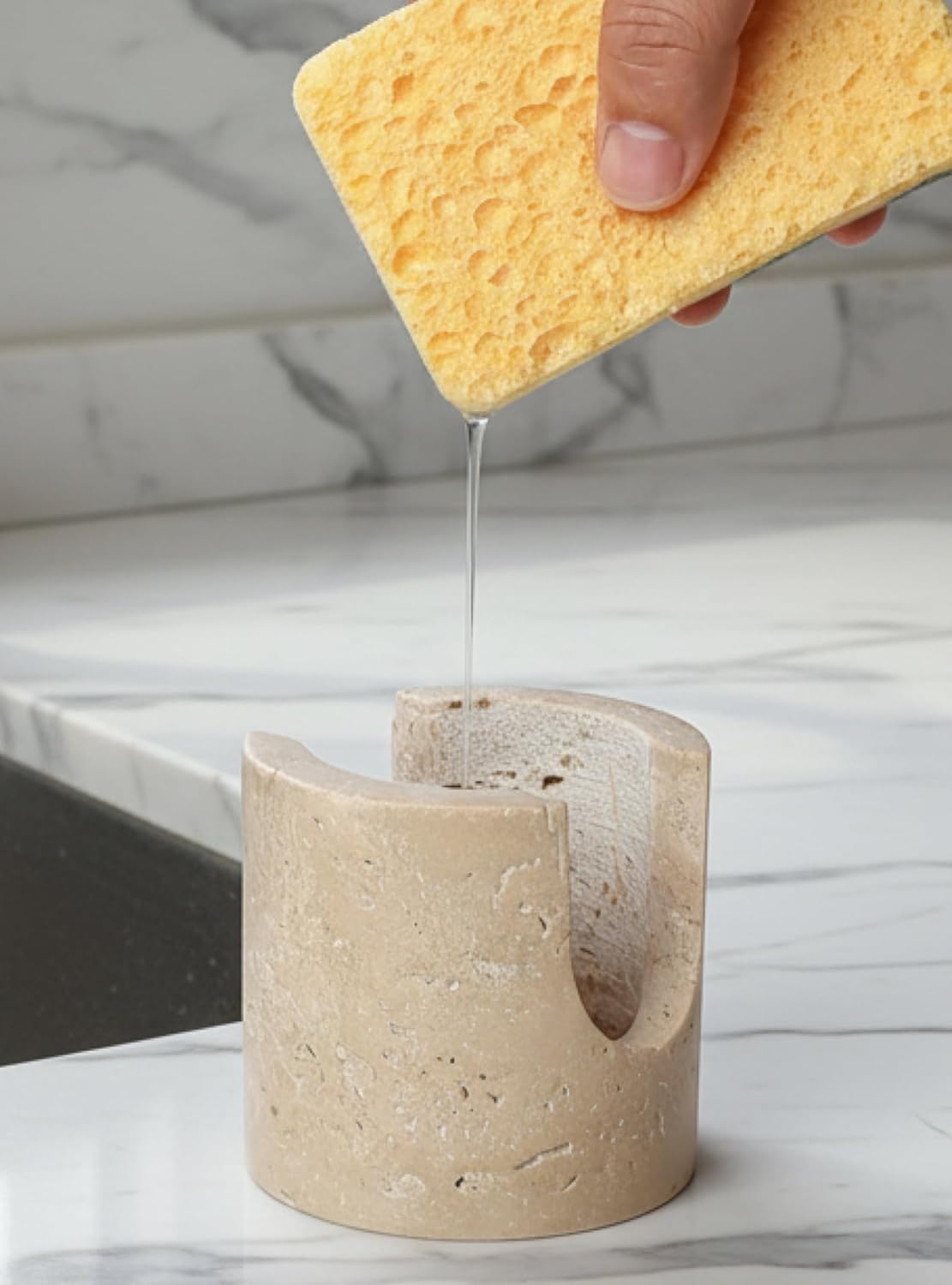 Luxury Travertine Sponge Holder – Fast-Drying, Rust-Proof Kitchen Sink Caddy, Non-Slip Base, Compact Stone Sponge Caddy for Kitchen Sink Counter, Perfect Gift for Modern & Farmhouse Homes, Beige