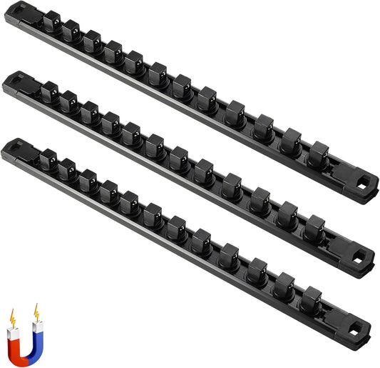 ALOANES 3-Piece Magnetic Socket Organizer, Heavy Duty Aluminum Socket Rails Organizer, 360° Swivel Clips Socket Holder Kit for Tool Box, 1/2-Inch Socket Holder x 36 Clips (Black)
