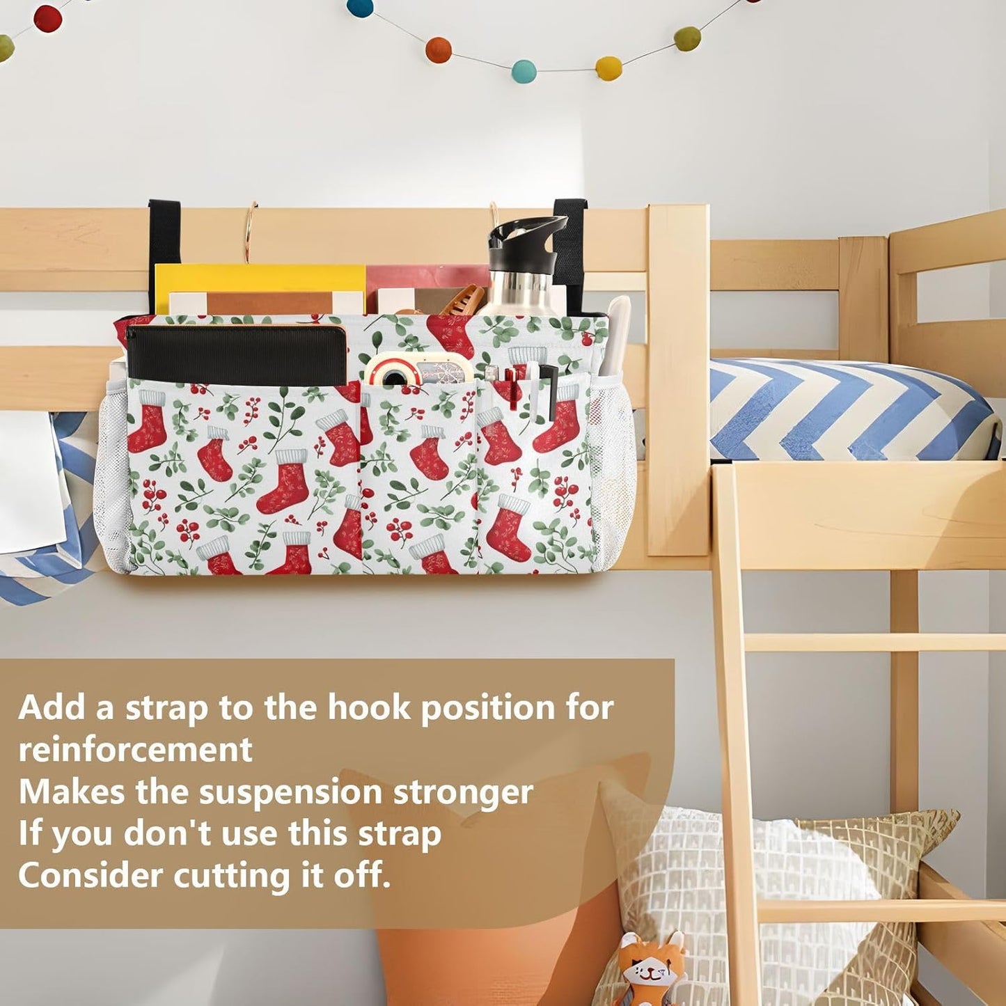 Red Stockings Holly Christmas Bedside Caddy for Dorm Bed Bedside Hanging Caddy Bag Iron Frame Storage Organizer Pocket for Bunk Home College Hospital Beds 2 Hooks