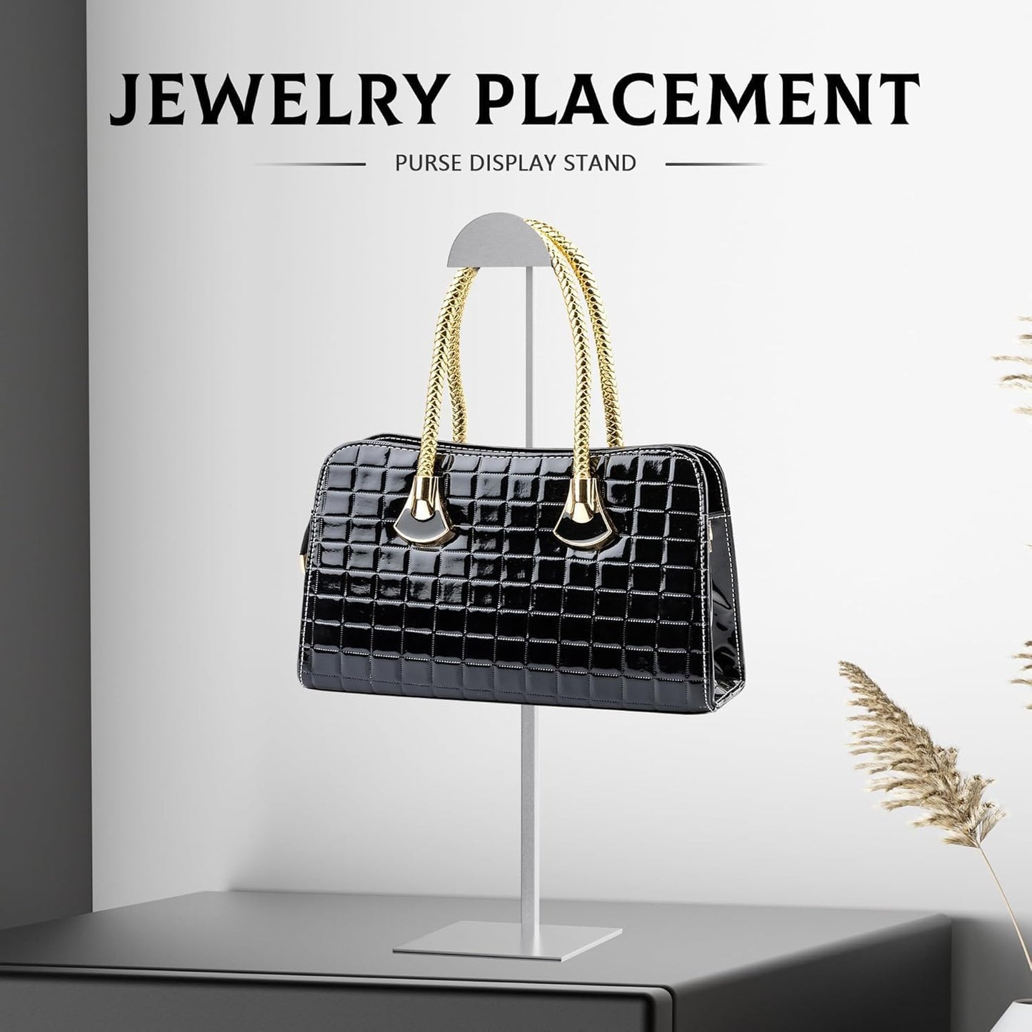 Purse Display Stand Adjustable Height Silver Purse Rack for Handbags Necklaces Scarves Hats & Headphones 14" - 24" Purse Hanger Shelf for Retail Display