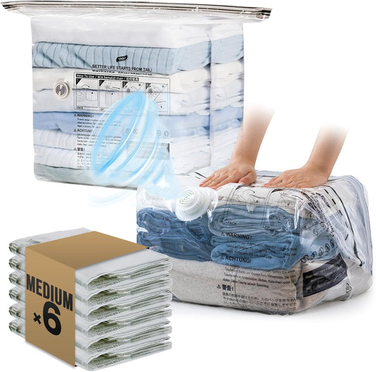 TAILI 6 Pack Cube Vacuum Storage Bags, Medium Size (25x19x11 inch), Vacuum Seal Bags for Clothing, Travel Compression Packing for Clothes, Blankets, Baby Clothes, Travel Essential