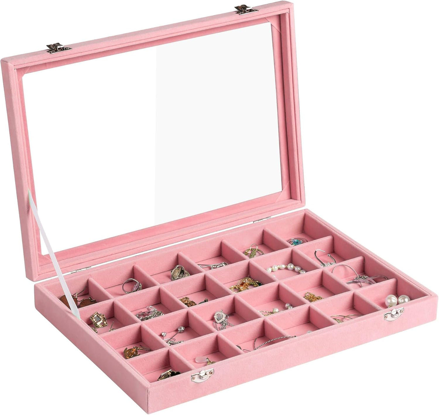 Frebeauty Velvet Jewelry Tray,24 Grid Jewelry Organizer with Clear Lid,Earring Holder Organizer with Clasp,Drawer Insert Rings Pendants Brooches,13.8 x 9.5 x 2 Inches,Gift for Women(Pink)