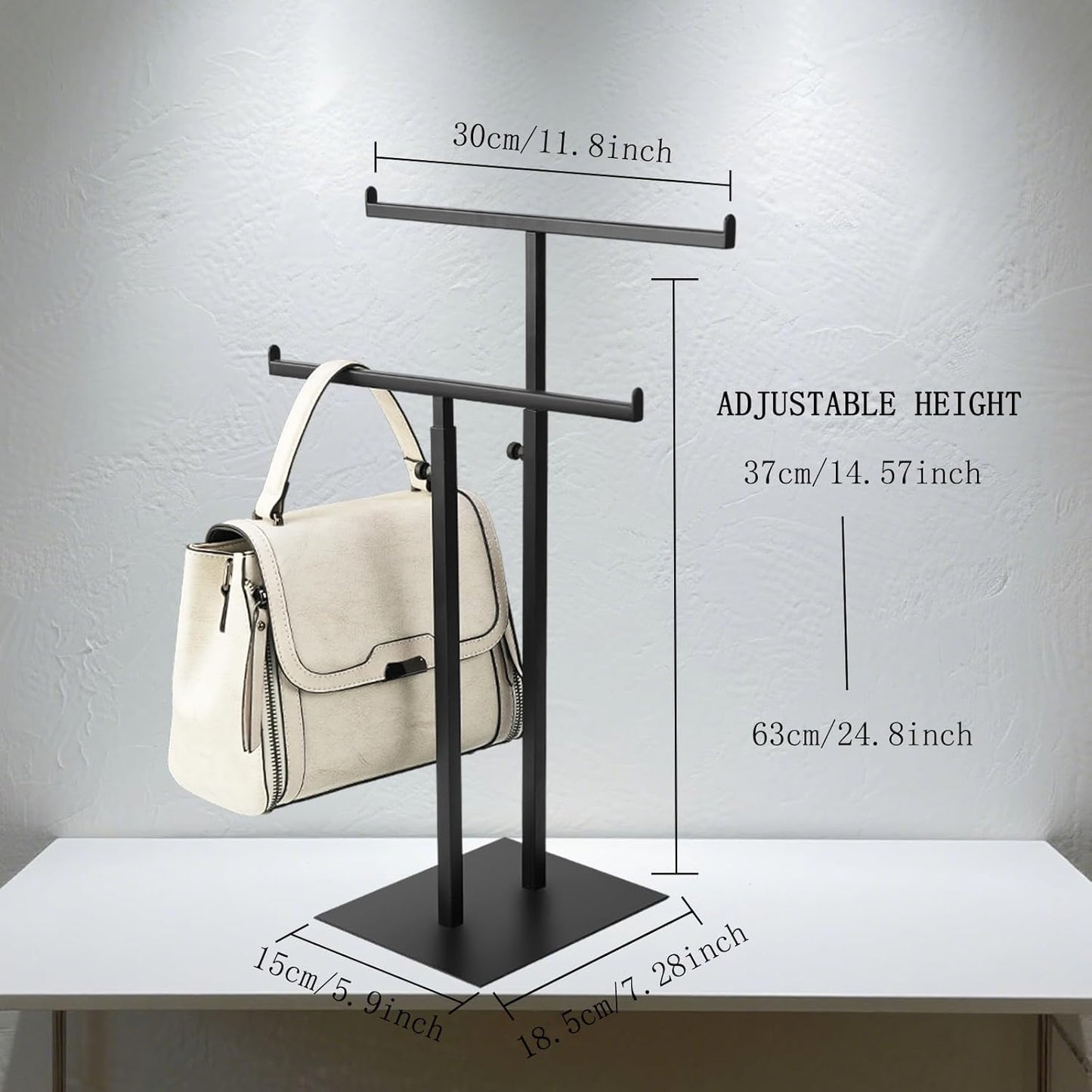 Purse Display Stand Jewelry Towers, Black Double T-Shaped Tabletop Stainless Steel Hook Hanging Adjustable Height Handbag Holder for Organizer Luxury Bags Necklaces Home Store Boutique Retail Closet