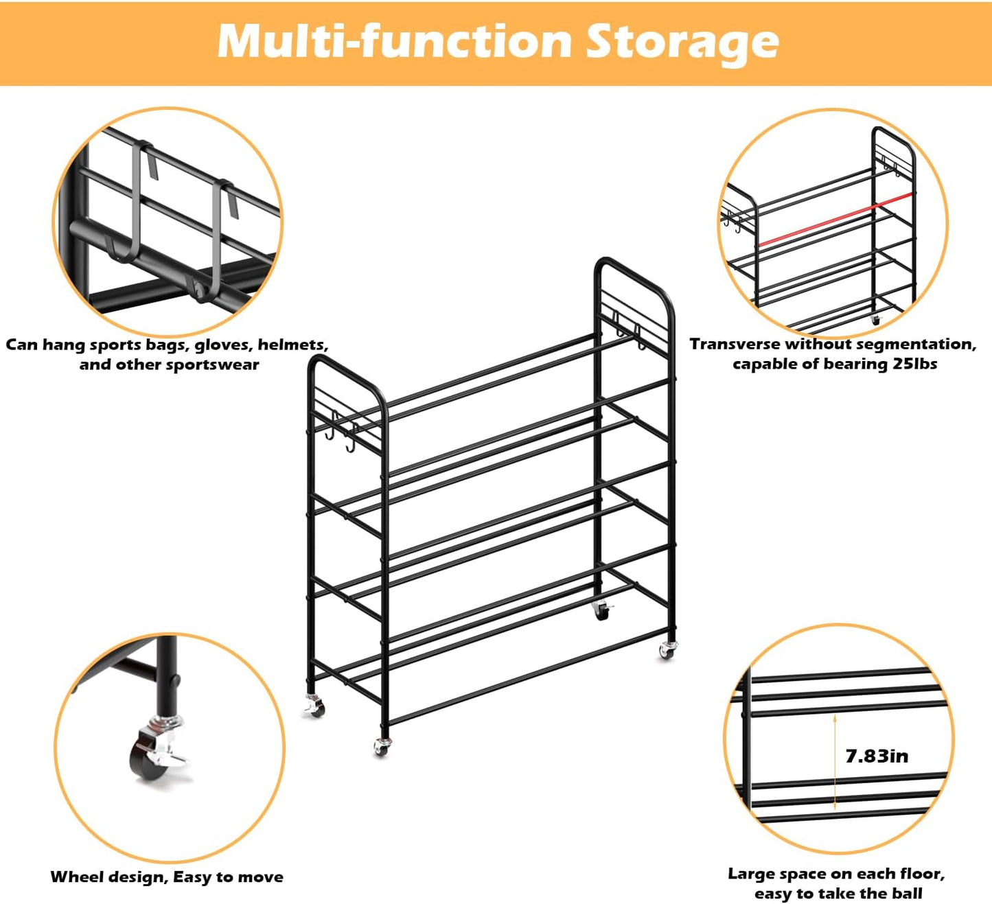 Ball Storage - Basketball Cart With Wheels Garage Volleyball Storage Sport Equipment Holder Organizer For Indoor Outdoor,Metal Storage Rack For Playgroup,Gym And School