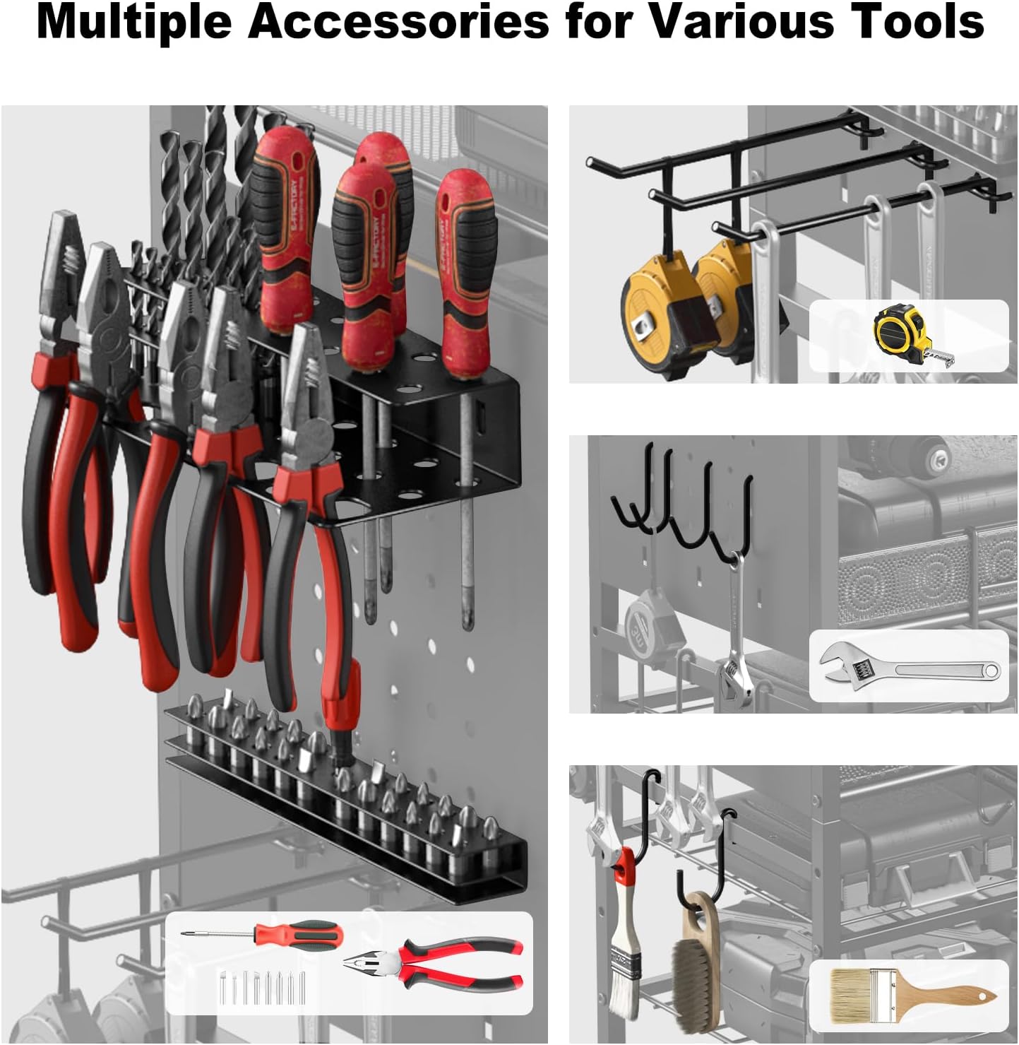 JUNNUJ Power Tool Organizer Floor Stand with Charging Station, Garage Adjustable Storage Rack Utility Tool Shelf with 8 Outlet Power Strip, Heavy Duty Drill and Battery Holder, Black