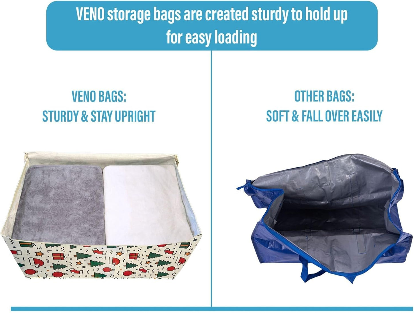VENO 4 Pack Moving Bags and Large Christmas Decoration Storage Bins with lids. Alternative to Moving Boxes, Packing Supplies for College. Heavy Duty Totes (Jingle Mix, 4 Pack)