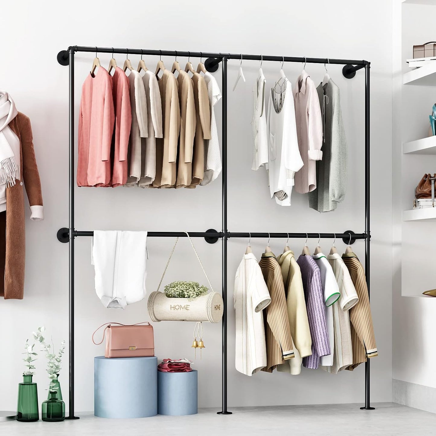 Industrial Pipe Clothing Rack Wall Mounted Garment Rack, Black Pipe Clothes Racks Retail Display Hanging Rod for Closet Storage, Laundry Room