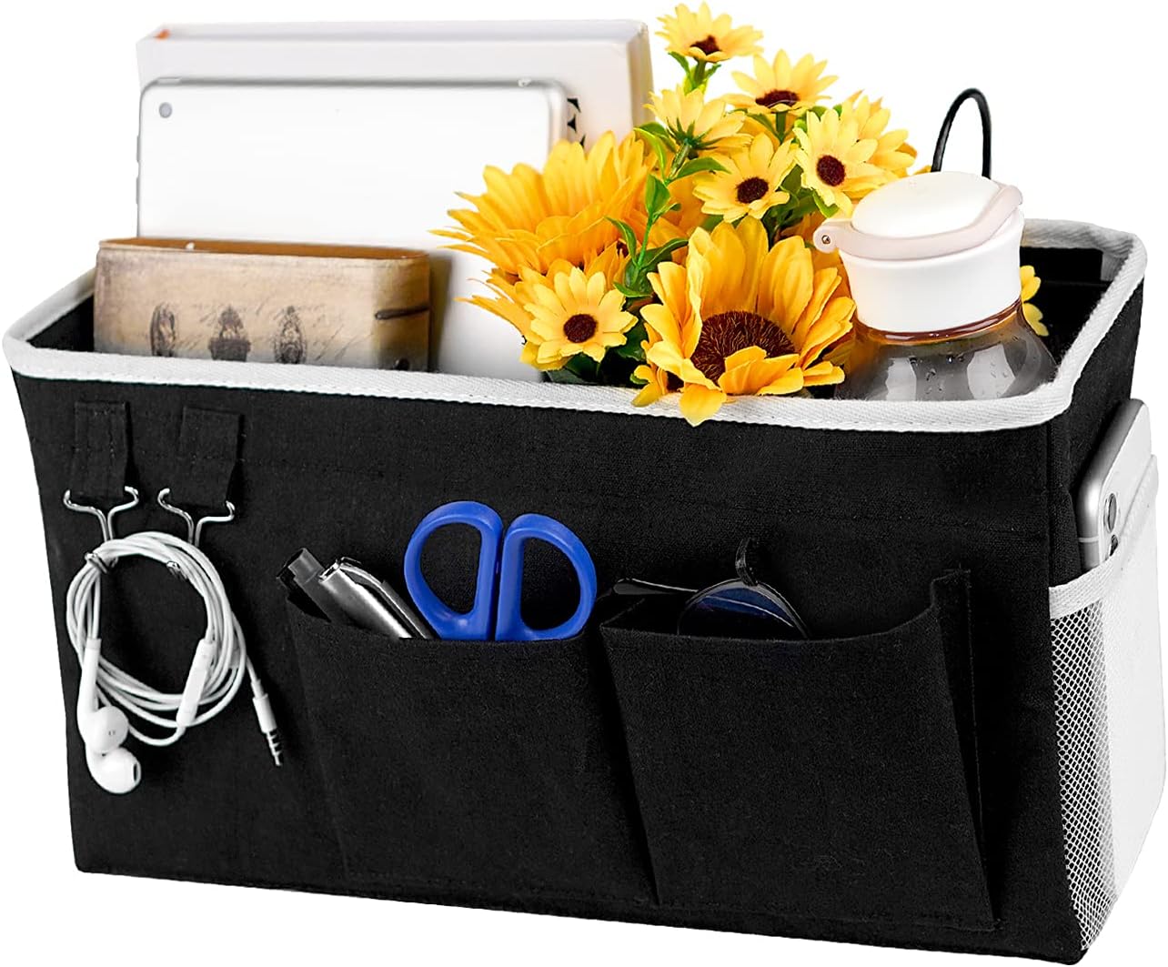 Loghot Bedside Caddy/Bedside Storage Bag Hanging Organizer for Bunk and Hospital Beds,Dorm Rooms Bed Rails,Can be Placed Glasses,Books,Mobile Phones,Keys (Black)
