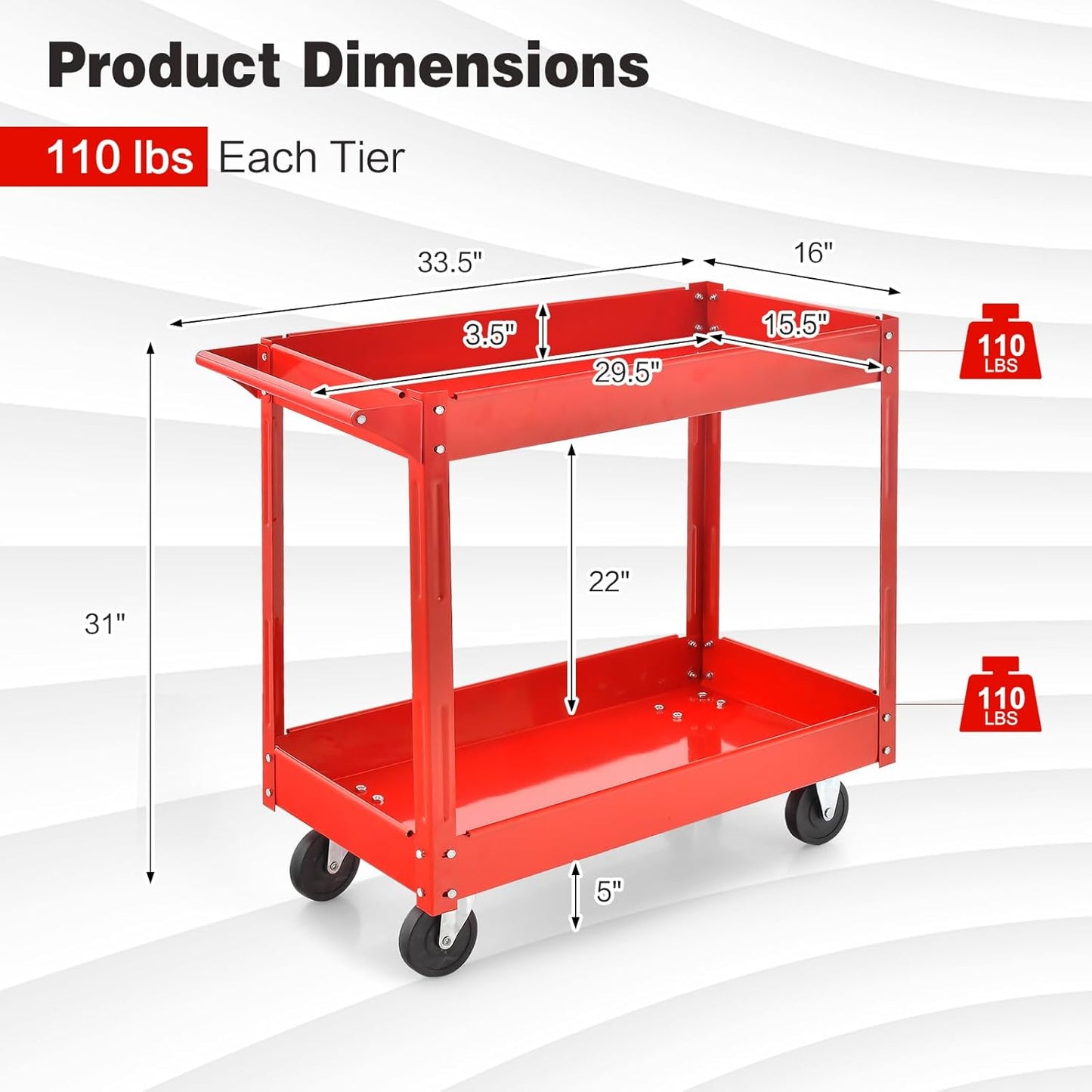 Goplus 2-Tier Utility Cart, Heavy Duty Commercial Service Tool Cart w/Handle, 220 lbs Max Support, Rolling Mechanic Metal Tool Cart Storage Organizer for Home, Garage, Warehouse