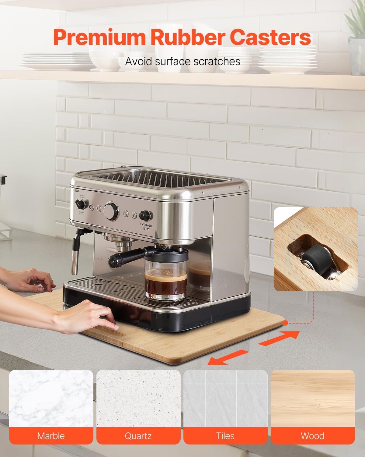 VEVOR Appliance Slider, Large 13 x 16-inch, Rolling Sliding Tray with Silent Rubber Wheels & Hollow Handle, Easy to Clean, Appliance Rolling Tray for Coffee Maker, Kitchen Countertop, Natural Wood