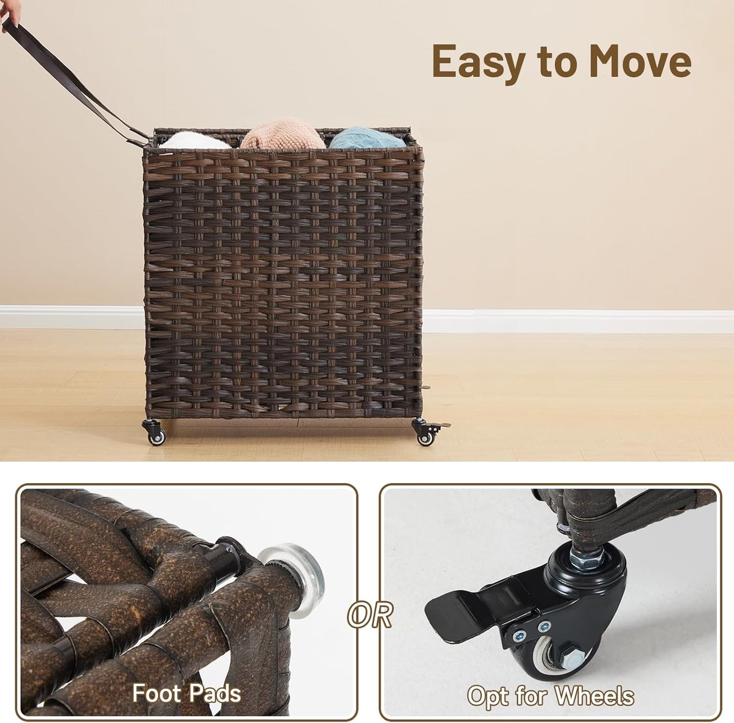 Laundry Hamper with Wheels, 39.6 Gallon(150L) Rolling Laundry Basket with Lid, 3-Section Rattan Clothes Hamper with 3 Removable Liner & 3 Mesh Bags, Laundry Sorter with Side Pocket, Brown