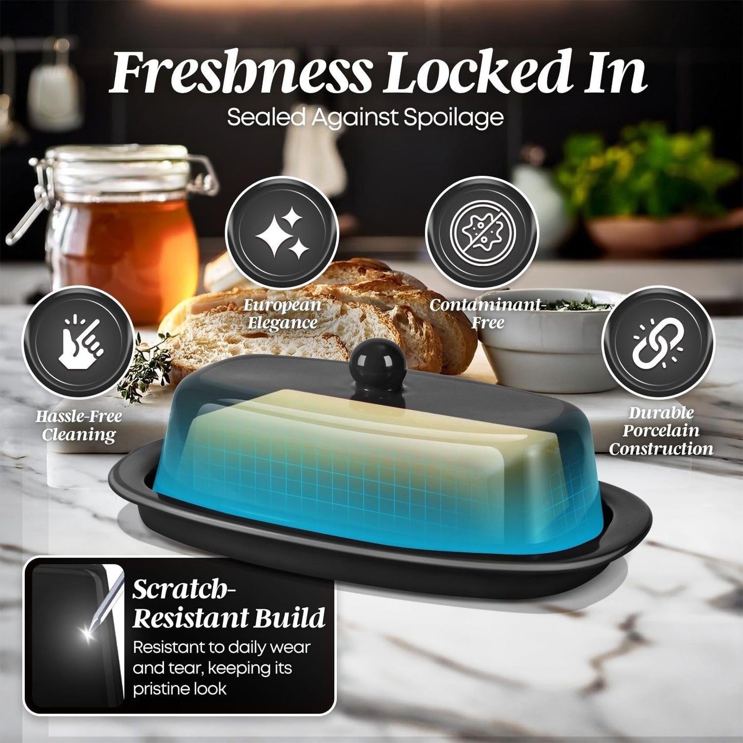 Flexzion Ceramic Black European Butter Dish with Lid for Countertop (7 Inch) - 1 Stick Butter Holder for Counter, Cream Cheese Container Storage Keeper